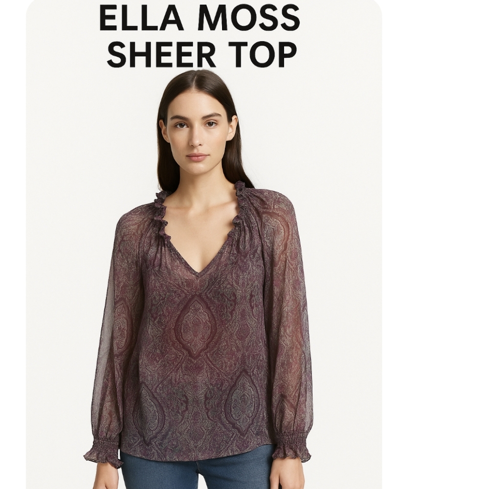 Ella Moss Silk Purple Ruffled Sheer Romantic Blouse Medium Large